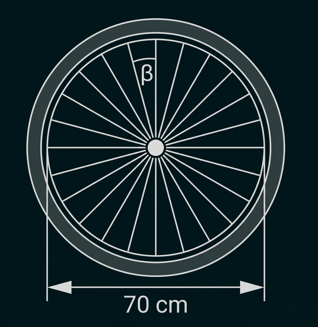 Kreisförmiges Rad mit Speichen, eingezeichnetem Winkel β und einem Durchmesser von 70 cm.